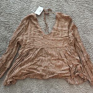 Floral V-Neck Blouse - Tan/Brown